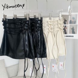 Gothic Pencil Skirt Woman Pu Hippie Mini Leather Punk Lace Up High Waisted Sexy Club Solid Beige Black Y2k Skirt Lolita 220505