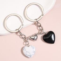 New Design Keychain Natural Crystal Quartz Stone Heart Key Ring Magnetic Button keyring Key Chains For Couple Friend Gifts DIY Jewelry