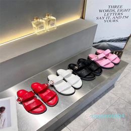 Fashion-White Black Leather Mules Slides Strap Flats Printed Dad Sandals Hook and loop beach shoes sheepskin lining