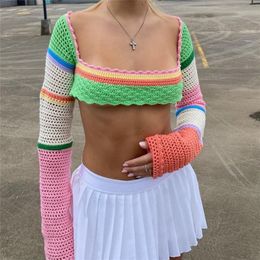 Women Summer Crop Tops Splicing Crochet Square Neck Long Sleeves Knitted T-shirt Tops Streetwear for Girls Green 220812