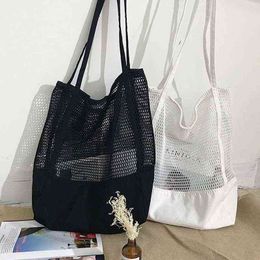 Shopping Bags Mesh Hollow Out Tote Women Trendy Women's Handbag Sandy Beach Shoulder Large Capacity Canvas Shoping Girl sac 220318