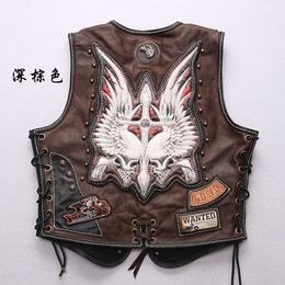 PUNK style men genuine leather vest jackets V neck copper buckle leather applique jacket Patch Designs