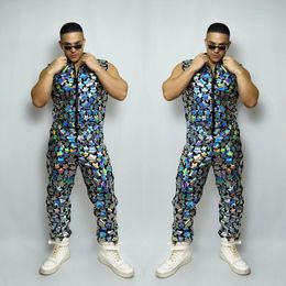 Men's Hip Hop Dance Costume Glitter Stage Wear Stars Pattern Laser Sequins Sleeveless Zipper Jumpsuit Rock Band Singer Dancer Team Nightclub Performance Clothes