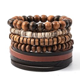 Rope Leather Handmade Braided Wooden Beaded Multilayer Charm Bracelets Set For Men Male Adjustable Bangle Jewelry