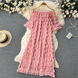 Women's Blouses & Shirts Clothland Women Sweet Ruffled Off Shoulder Long Blouse Slash Neck Short Sleeve Straight Pink White Summer Midi Vest