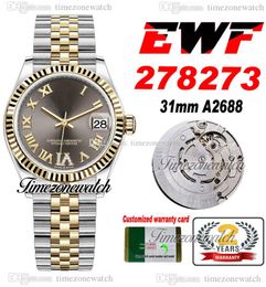 EWF 31mm 278273 A2688 Automatic Womens Ladies Watch Two Tone Yellow Gold Gray Roman Dial JubileeSteel Bracelet Super Edition Same Serial Card Timezonewatch E5