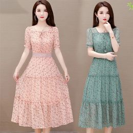 Printing Ruffles Sweet floral Chiffon Dress women Fashion elegant big size party Dress Ladies Korean summer O-neck slim Dresse 220517