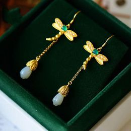 Dangle & Chandelier Silver Inlaid Natural An White Jade Orchid Dragonfly Long Ears Chinese Style Antique Gold Craft Charm Women's Jewelr