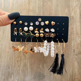 17 Pairs Women Vintage dangle Gold Butterfly Fringe Earrings Set Creative Simple ear studs Jewelry