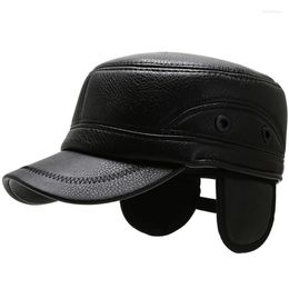 Berets 2022 Winter Hat Men Warm Thicken Pu Leather Military Hats For Man Flat Top Snapback With Ear Flaps Delm22