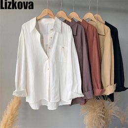 Lizkova 100% Cotton Japanese Blouse Women Hararuju White Pocket Oversized Official Shirt Ladies Casual Tops 8265 201201