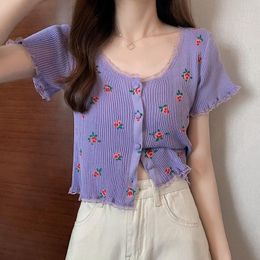 Women's T-Shirt Lucyever Purple Floral Print Knit T-shirts Women Elegant Lace Single-breasted O-neck Tees Tops Woman Summer Short Sleeve Tsh