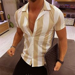 Men Shirts Casual Black Orange Wide Striped Lapel Shirts Men Short Sleeve Blouse Men Summer Casual Shirts Male Tops 220527