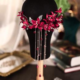 Headpieces Red Flower Bridal Wedding Korean Beaded Tassel Hair Band HeaddressHeadpieces