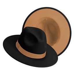 Simple Outside Black inside Camel Patchwork Wide Brim Fedora Hat Men Women Two Tone Felt Fedora Hats Cowboy Jazz Hat Brown Belt 220506