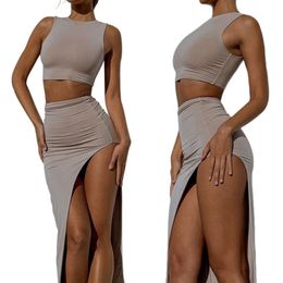 Women Sexy Two-piece Clothes Set dress Solid Colour Round Collar Vest and High Waist Split Long Slit Skirt