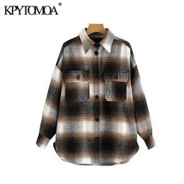 Vintage Stylish Plaid Oversized Woolen Jacket Coat Women Fashion Long Sleeve Pockets Loose Female Outerwear Chic Tops 201023