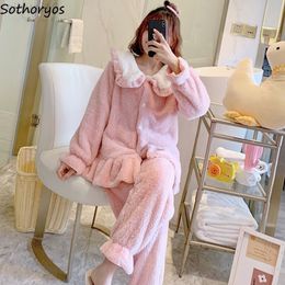 Winter Pyjama Sets Women Coral Velvet Ruffles Thermal Simple Single Breasted Fuzzy Nightwear Cute Tender In Stylish Nightwear L220803