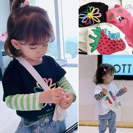 T-shirts Baby Girl Cartoon Printed Stripes Stitching Long Sleeve Tops For Kids Clothing Fashion Cute Toddler Girls TshirtsT-shirts