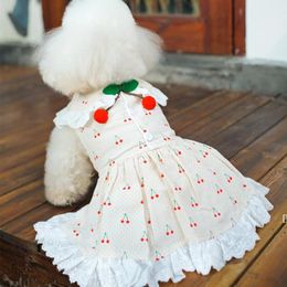 Sweet Lace Collar Dress For Dogs Cherry Decor Blue Tutu Skirt For Small Dog Girl Princess Summer Shirts Pet Apparel Sundress XS-XL CCE13599