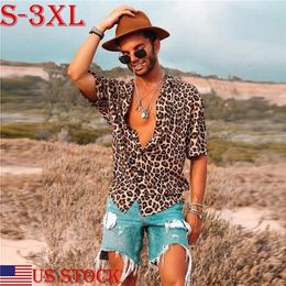 S-3XL Plus Size Men Shirts Tops Men Vintage Leopard Print Shirts For Men Summer Casual Short Sleeve Loose Shirt Man Blouses Tops T200505