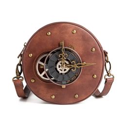 Fashion Steampunk Bag Round Vintage Clock Women Shoulder Bags PU Leather Daily Casual Crossbody Bags New Arrivals Brown Handbag