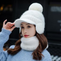 Berets Autumn Winter Knitted Peaked Cap Scarf Sets Women Girls Elastic Hat With Earmuffs Comfortable Warm Anti Cold Bomber HatsBerets