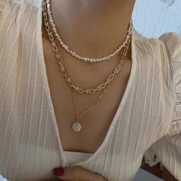 Chokers French Three Layered Freshwater Pearl Necklaces Gold Color Linked Chain Necklace For Women Minimalist JewelryChokers Sidn22