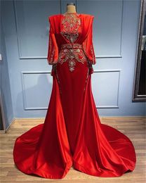 Red Turkey Arabia Muslim Evening Dresses Long Sleeve Beaded Party Dress A Line Formal Gowns Dubai 322