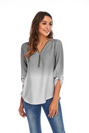 Women's Blouses & Shirts 2022 Spring Autumn Casual Women Print Roll Sleeves V-Neck Zipper Tops 5XL Plus Size Chiffon