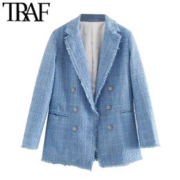 TRAF Women Fashion Office Wear Double Breasted Tweed Blazer Coat Vintage Long Sleeve Frayed Female Outerwear Chic Tops 201106