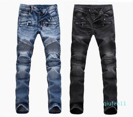 Fashion Men's light blue black jeans pants motorcycle biker men washing to do the old fold men Trousers Casual Runway Denim