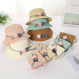 Wide Brim Hats Summer Girl Children 2 Pieces Set Straw Hat Handbag Flower Visor Fashion Kid Baby Sun SHT014 Elob22
