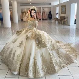 2023 Champagner Perlen Quinceanera Kleider Schnürung applikativer Langarm Prinzessin Ballkleid Prom Party Kleidung Masquerade Kleid GB1108