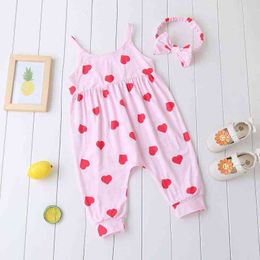 2 PCS Summer Sweet Baby Girl Romper Cotton Love Print Strap Baby Girl Jumpsuit+bow Headband Comfortable Baby Girl Clothes 0-18M G220510