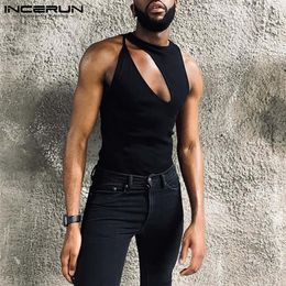 Fashion Men Tank Tops Oneck Sleeveless Hollow Out Casual Vests Men Sexy Solid Color Streetwear Waistcoats S5XL INCERUN 220527