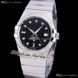 38mm Classic A8500 Automatic Mens Watch Black Dial Diamonds Markers Stainless Steel Bracelet Watches 123.10.38.21.51.001 Puretime G39A1