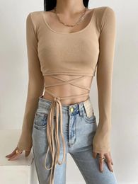 Women's T-Shirt Spring Summer Sexy Short Strappy Tops High Waist Slimming Long Sleeves Bottoming Shirt C22162Women's