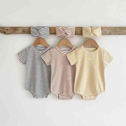 0-3T Cotton Baby Romper Newborn Kid Baby Boys Girls Clothes Summer Striped Romper Casual Plain Jumpsuit Stretch Outfits G220521