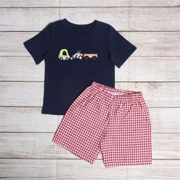 Clothing Sets Style Pure Cotton Baby Boy Suit Navy Blue Short Sleeves With Car Embroidery And Red White Checked Shorts Clothes