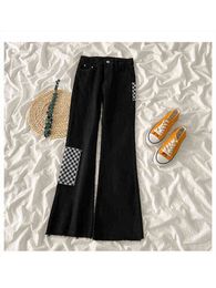 Retro Checkerboard Stitching Microbladed Black Jeans Women's Summer Design High Waist Thin Raw Edge Pants Female Denim Trousers T220728