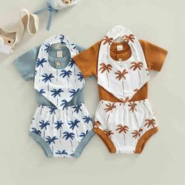 Citgeett Summer Baby Girls Boys Romper Suit Ribbed Short Sleeve Buttons Tops Waist Triangle Pants Bibs Clothes J220711
