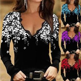 Women T Shirt Autumn Tops Female V Neck Elegant Print Female T-Shirt Fall Retro Floral Long Sleeve Lace Top Ladies Base T-shirt 220408