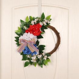 Decorative Flowers & Wreaths Independence Day Garland Decorated With Hydrangea Leaves Bowknot Welcome Door Sign Wreath For All SeasonsDecora