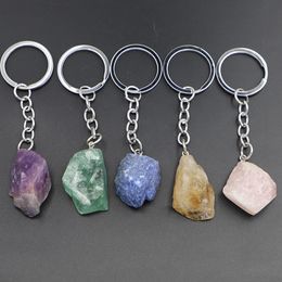 Natural Raw Ore Keychain key ring Gem Quartz Fluorite Citrine Amethyst Irregular Stone Pendants Charms DIY Jewelry Making Accessorie