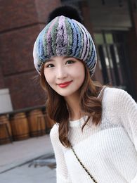 Real Rex Rabbit Hats For Women Winter Warm Beanie Cap With Fox Fur pom pom