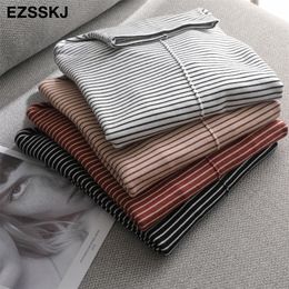 Autumn winter heap collar black white striped casual sweater Pullovers Women female basic chic sweater knit loose top 201203