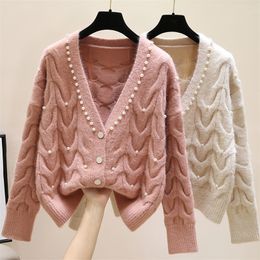 Sweet beaded V-neck knitted cardigan women's spring new fashion all-match knitted outer wear sweater 210204