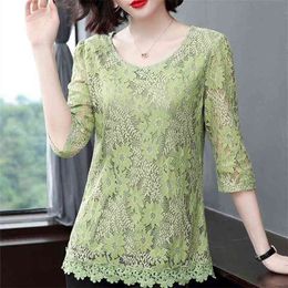 Women Spring Summer Style Lace Blouses Shirts Lady Casual Half Sleeve Flower Printed Lace Blusas Tops ZZ0333 210401
