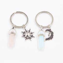 Keychains Natural Quartz Stone KeyRing Moon Sun Pendant Keychain Metal Handicrafts Jewellery WholesalersKeychains